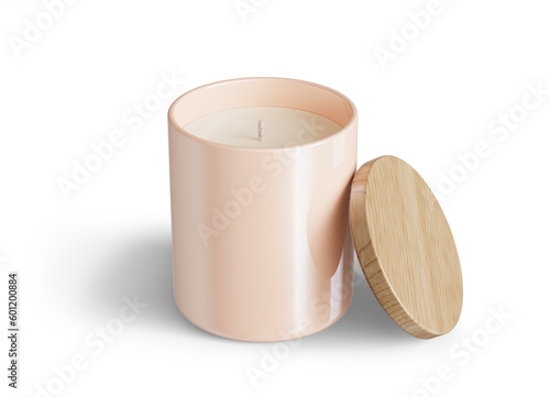 Minimalist candle mockup, beige ceramic candle jar with wooden lid open design-ready 3D render template