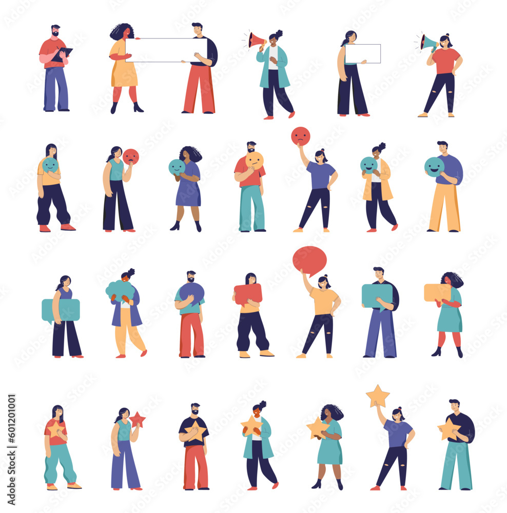 Collection of people illustrations. Man and women with speech bubbles, feedback stars, megaphones,. Communication and feedback concept design