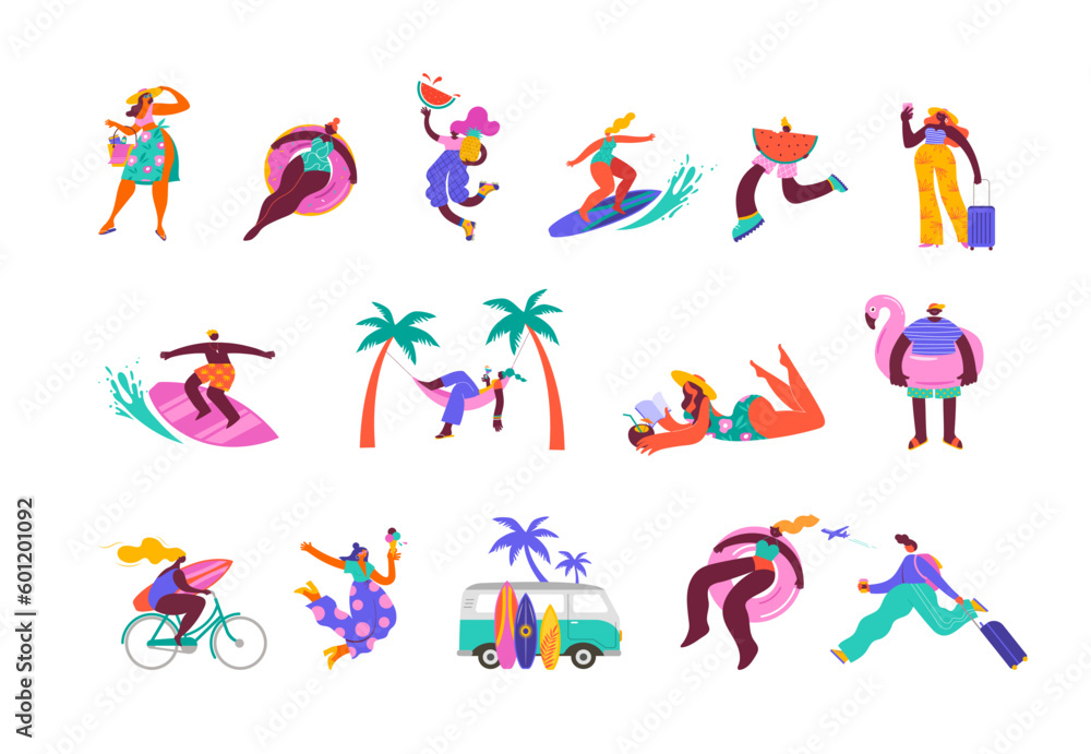 Collection of colorful, modern style characters, people at summer. Swimming, traveling, surfing, making fun on beach and pool