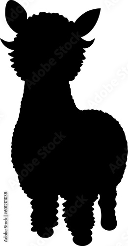 Cute fluffy baby alpaca llama silhouette isolated on white background. Vector animal outline.