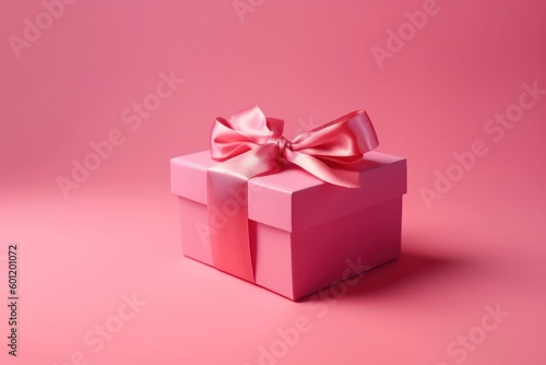  pink gift box tied with a silk ribbon on a pink background postcard .Free space for your text.Generative AI