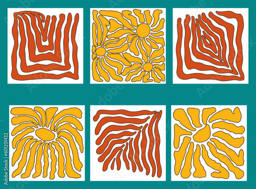 Matisse curves aesthetic. Groovy abstract patterns set. Floral doodles, botanical art. Fashionable organic floral style of naive retro hippies of the 60-70s. Vector background pink blue orange