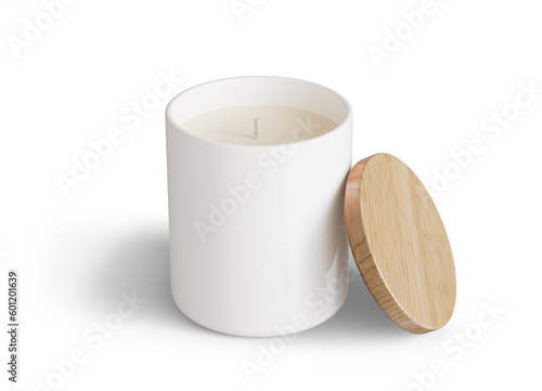 Minimalist candle mockup, white ceramic candle jar with wooden lid open design-ready 3D render template