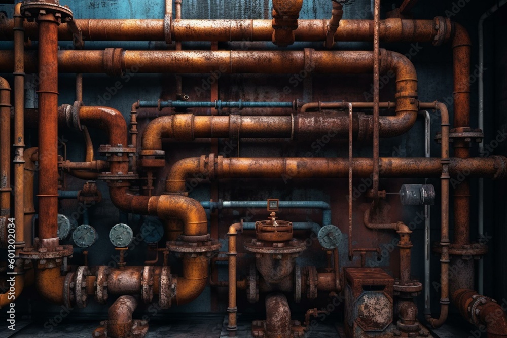 Industrial backdrop with steel pipeline decorations, old and new pipes with rust and scuffs. Water supply system for replacing outdated pipelines. 3D image. Generative AI