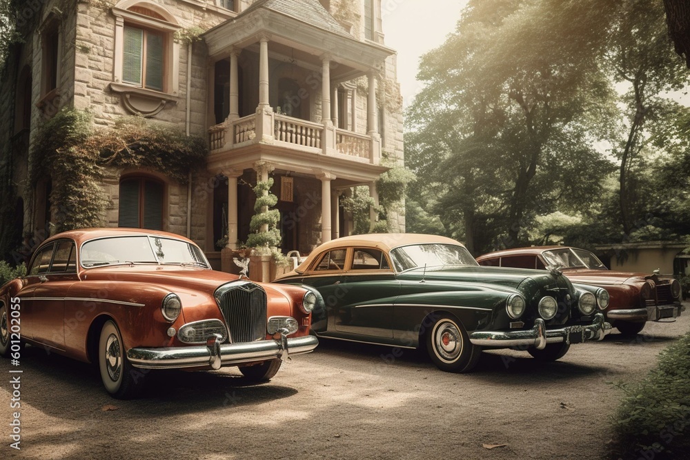 Vintage vehicles parked by historic residence. Generative AI