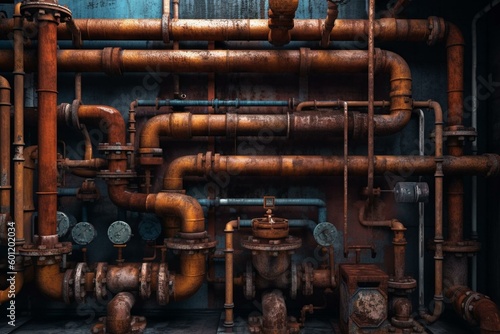 Industrial backdrop with steel pipeline decorations, old and new pipes with rust and scuffs. Water supply system for replacing outdated pipelines. 3D image. Generative AI