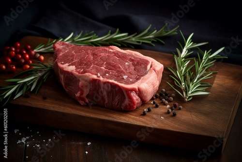 Uncooked beef with fresh sprigs of aromatic rosemary. Generative AI