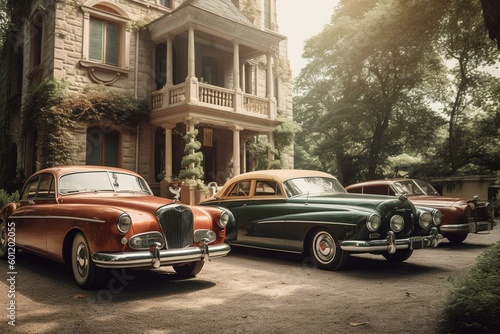 Vintage vehicles parked by historic residence. Generative AI