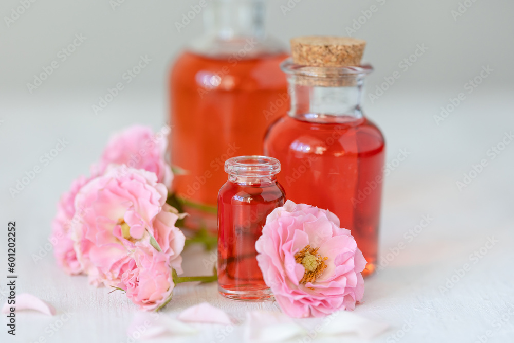 Composition with pure natural organic rose essential oil in glass bottle, luxury perfumery ingredient for premium fragrance, skin care products, anti-age beauty treatment. Fresh flowers Composition with pure natural organic rose essential oil in glass bottle, luxury perfumery ingredient for premium fragrance, skin care products, anti-age beauty treatment. Fresh flowers