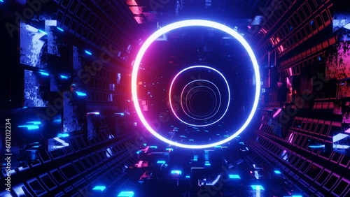 80's neon light style flight. Hi-tech neon sci-fi tunel. Trendy neon glow lines form pattern and construction in mirror tunnel. Fly through technology cyberspace. 3d looped seamless 4k bright bg. photo