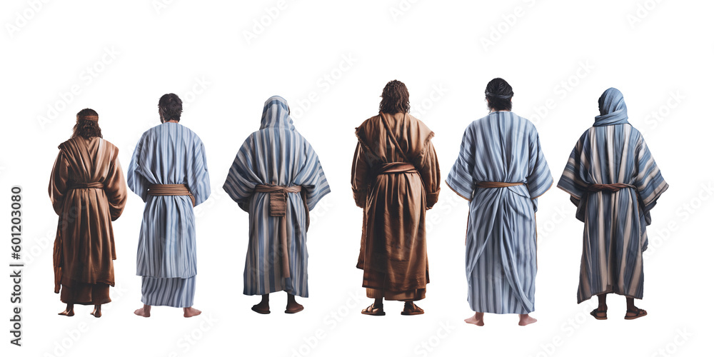 Apostles of Jesus Christ middle eastern men wearing colorful medieval clothing standing view from the back - obrazy, fototapety, plakaty 