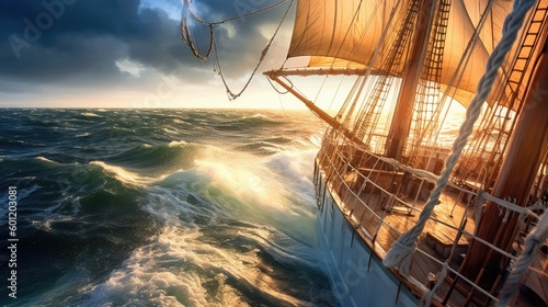 Fotografie, Tablou Sailing ship sails through rough seas at sunset. Generative AI