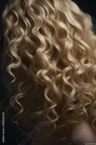 blonde with long and shiny curly hair. woman with wavy hair. Generative AI