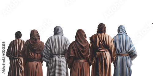 Apostles of Jesus Christ middle eastern men wearing colorful medieval clothing standing view from the back photo