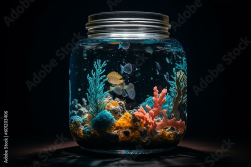 A captivating underwater world has been captured in a jar. Generative AI photo