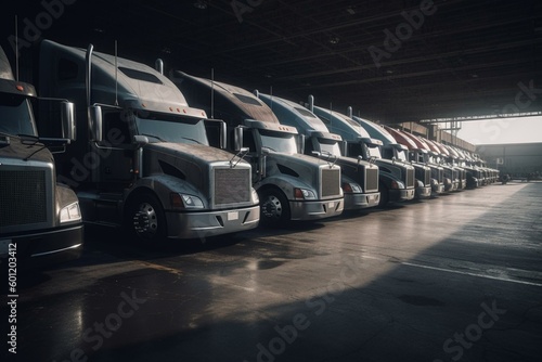 A fleet of semi trucks parked in a logistics warehouse parking lot. Generative AI