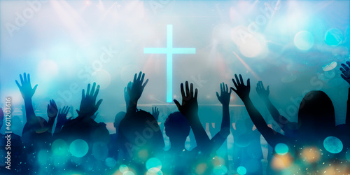 concept christian church worship and praise God show, the silhouette of the hands at concert 3D render