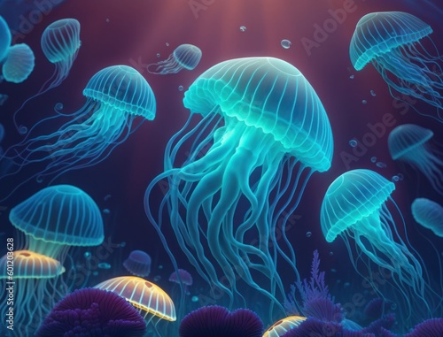 Jellyfish swims in the ocean sea created with Generative AI technology © Denis Darcraft