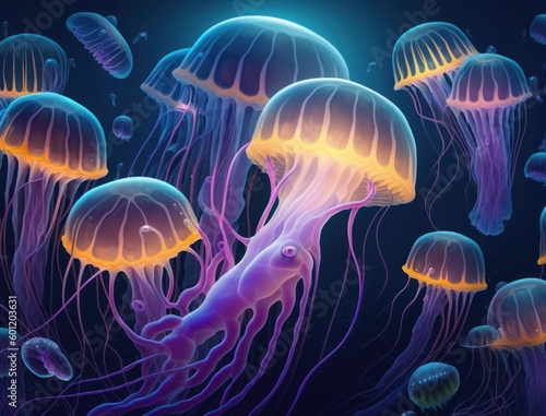 Jellyfish swims in the ocean sea created with Generative AI technology