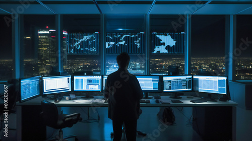 An employee at a bank looking at the stock market on screens at night