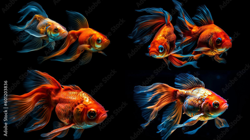Neon metalic contrast goldfish on the black background. Generative AI Neon metalic contrast goldfish on the black background. Generative AI