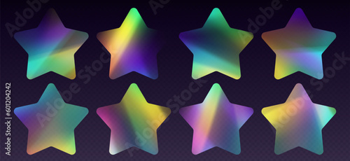 Crystal refraction stickers, leak flare, rainbow sunlight effect, holographic reflections in star shape. Blurred optical rays, vintage camera glares. Vector illustration.