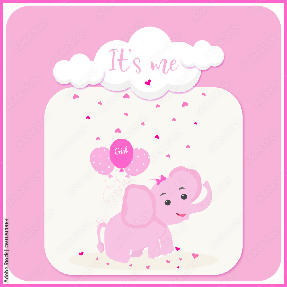 Card I'm here with elefant and hearts, balloons and clouds for girl birthday Card I'm here with elefant and hearts, balloons and clouds for girl birthday
