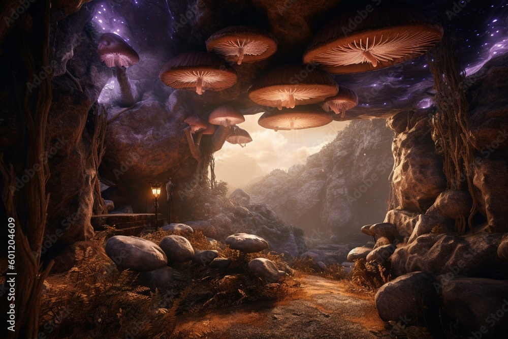 Mystical cavern adorned with mushrooms under a violet sky- 3D render. Generative AI