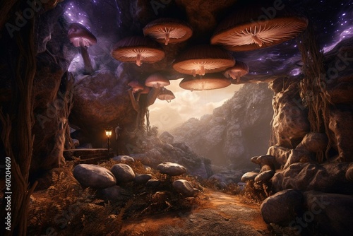 Mystical cavern adorned with mushrooms under a violet sky- 3D render. Generative AI