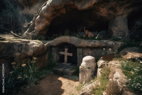 An intense scene of the empty tomb during the resurrection of Jesus Christ. Background for Easter. Generative AI