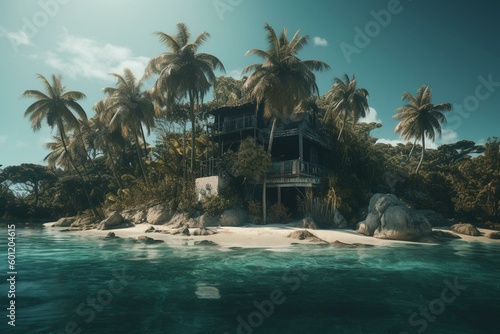 Island with palm trees and vintage vibe. Generative AI