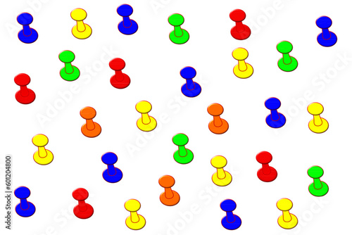 Business office pattern. A pile of colorful push pins scattered on a white background