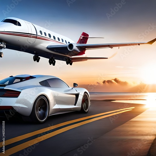 Private Jet and supercar in the airport . Generative AI © Juno