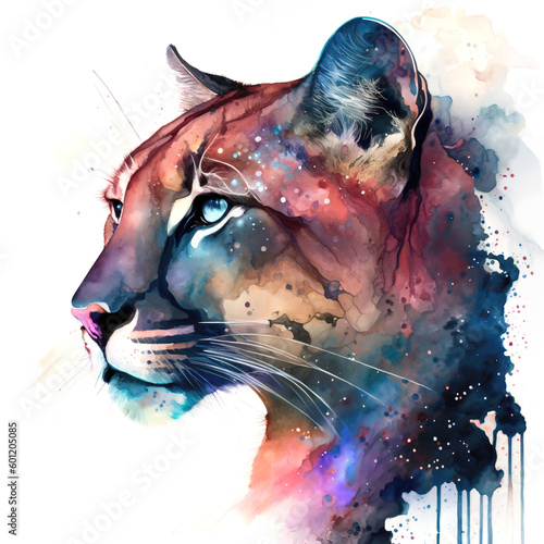Colorful watercolor illustration of a cougar in galaxy style with transparent background. Generative AI