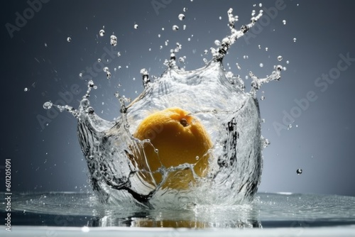 an orange fruit plunging into a clear blue water surface Generative AI