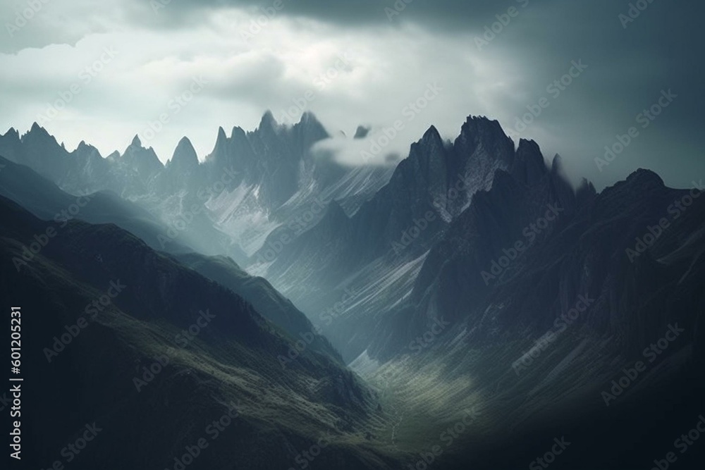 A surreal mountain scenery with misty peaks in the distance. Generative AI