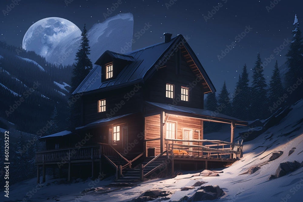 Modern minimalist illustration of a mountain cabin at night. Generative AI