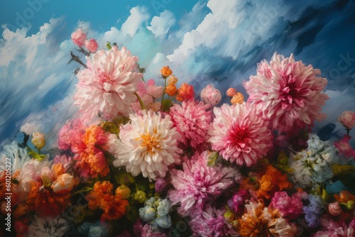 A painted artwork of colorful flowers and fluffy clouds in the sky. Generative AI