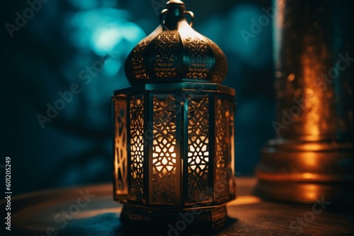 Decorative candle lantern with Arabic design. Generative AI
