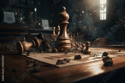 3D desk with wooden pawn smashing black king. Generative AI © Mairead