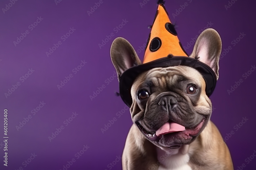 French bulldog with halloween hat on purple background with copy space. Generative AI