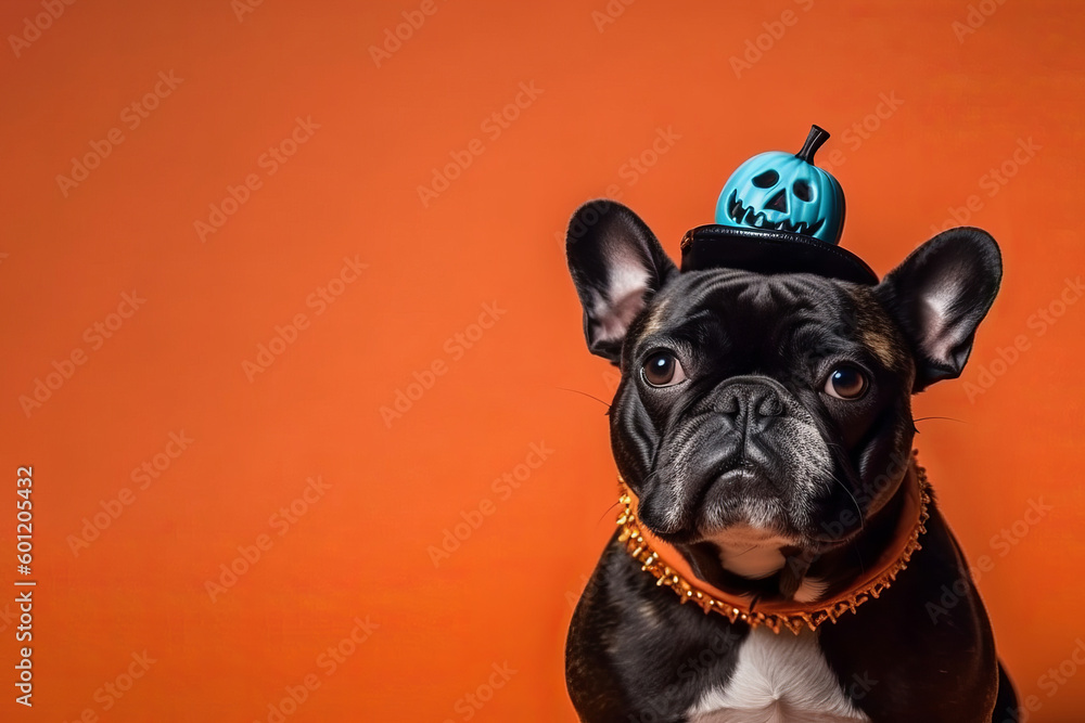 French bulldog with halloween hat on orange background with copy space. Generative AI