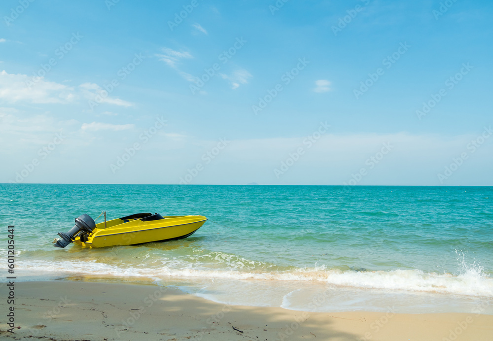 Landscape summer View area in front of Nara Beach In Chon Buri province with clear skies and clouds, speed boats can be seen. Parked near the coast To serve tourists Landscape summer View area in front of Nara Beach In Chon Buri province with clear skies and clouds, speed boats can be seen. Parked near the coast To serve tourists