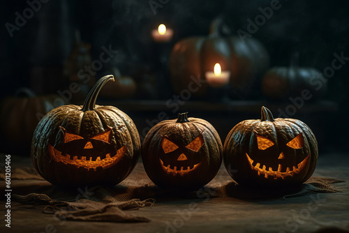 Jack-o-lantern pumpkins glowing in the dark. Generative AI