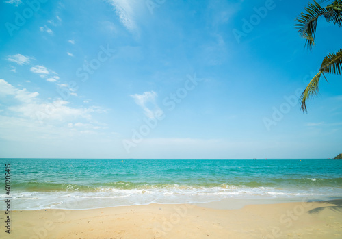 Landscape summer panorama front view tropical palm and coconut trees sea beach blue white sand sky background calm Nature ocean Beautiful wave water travel Sai Kaew Beach East thailand Chonburi