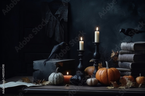 Illustration with halloween decoration and black crows. Generative AI