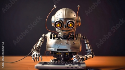 A tethered robot sitting on his laptop