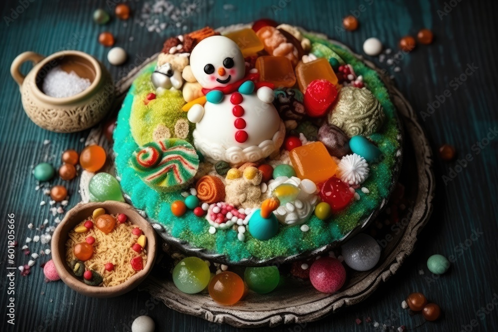 Snowman Cake with Colorful Decorations on Top Generative AI