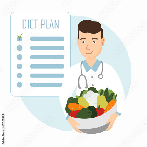 Nutritionist concept. Vector cartoon doctor holding vegetables and fruits bowl and Diet plan. Nutrition therapy with healthy food. Weight loss program