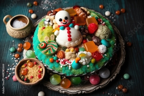 Snowman Cake with Colorful Decorations on Top Generative AI